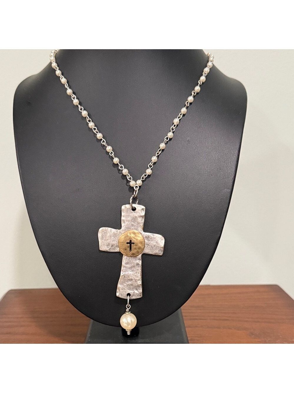 Hammered metal two tone Cross Pendant and faux pearl chain necklace
